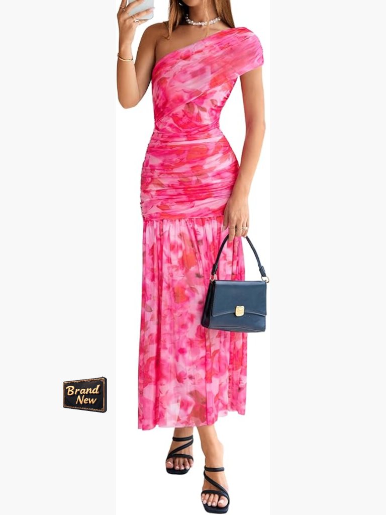 One Shoulder Floral Maxi Dress Summer Sleeveless Ruched Elegant Bodycon Mesh